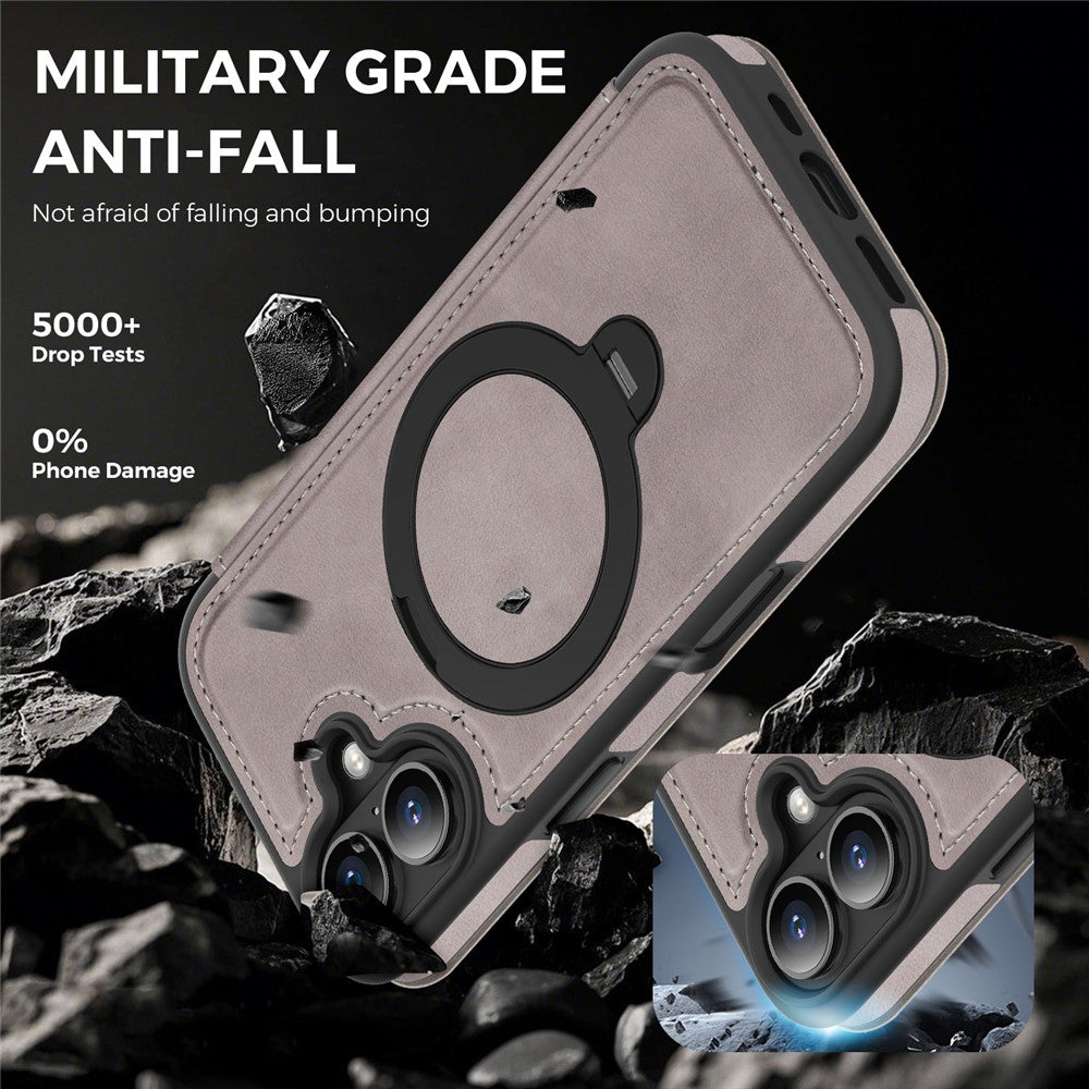 For iPhone 17 Case Compatible with MagSafe RFID Blocking Leather Wallet Cover with Rotating Ring Kickstand