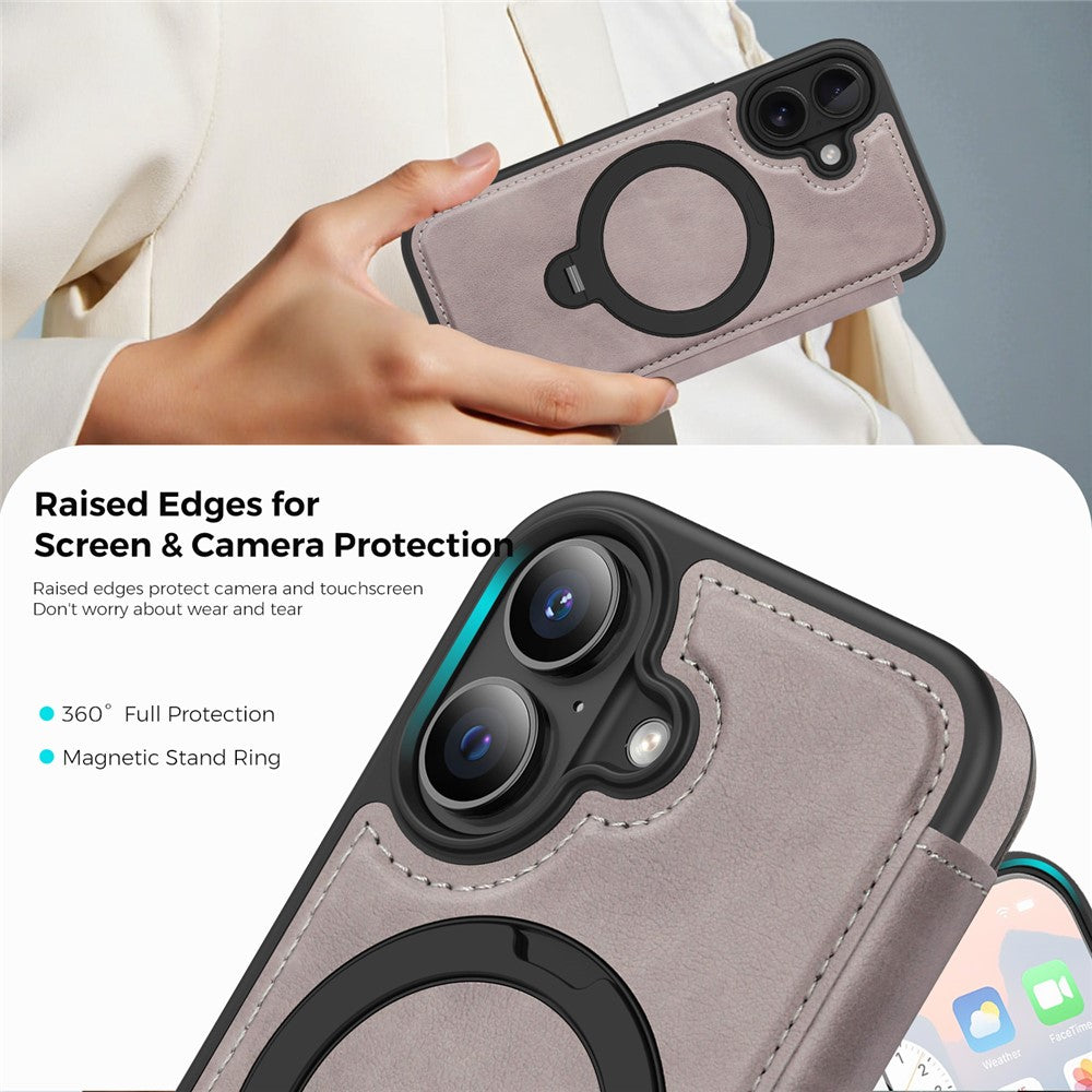 For iPhone 17 Case Compatible with MagSafe RFID Blocking Leather Wallet Cover with Rotating Ring Kickstand