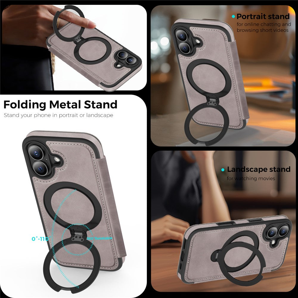 For iPhone 17 Case Compatible with MagSafe RFID Blocking Leather Wallet Cover with Rotating Ring Kickstand