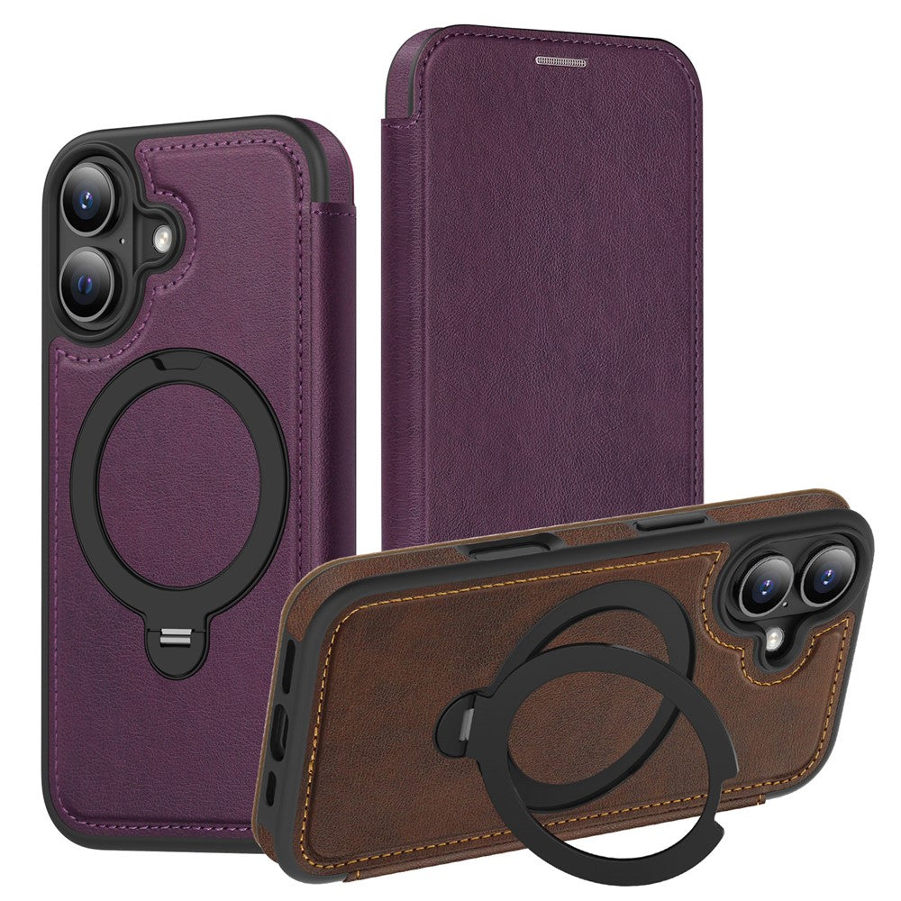For iPhone 17 Case Compatible with MagSafe RFID Blocking Leather Wallet Cover with Rotating Ring Kickstand