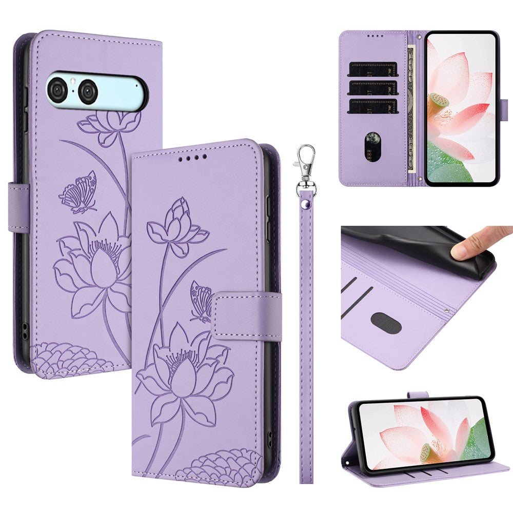 For Sony Xperia 10 VII Case Wallet Stand Lotus Imprint Leather Phone Cover with Wrist Strap