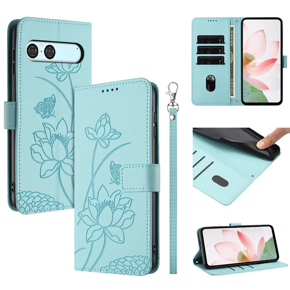 For Sony Xperia 10 VII Case Wallet Stand Lotus Imprint Leather Phone Cover with Wrist Strap