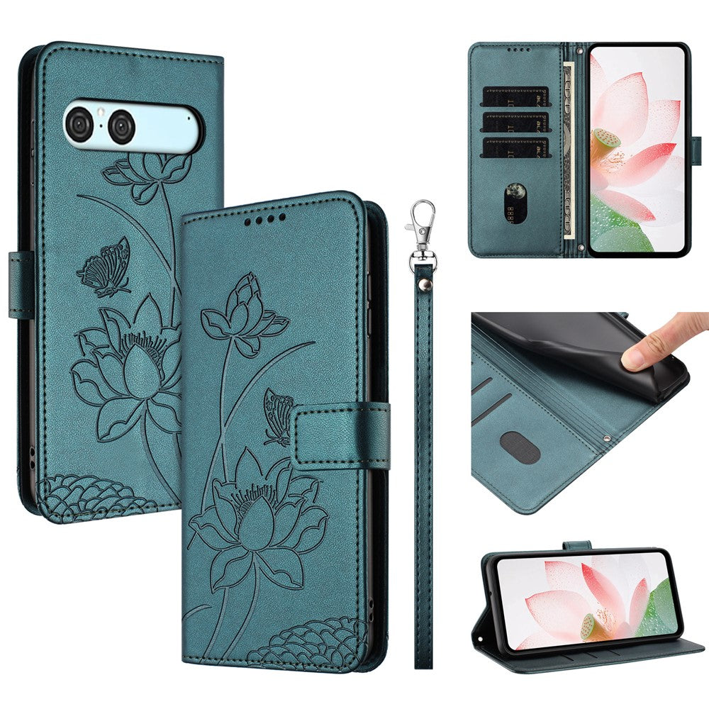 For Sony Xperia 10 VII Case Wallet Stand Lotus Imprint Leather Phone Cover with Wrist Strap