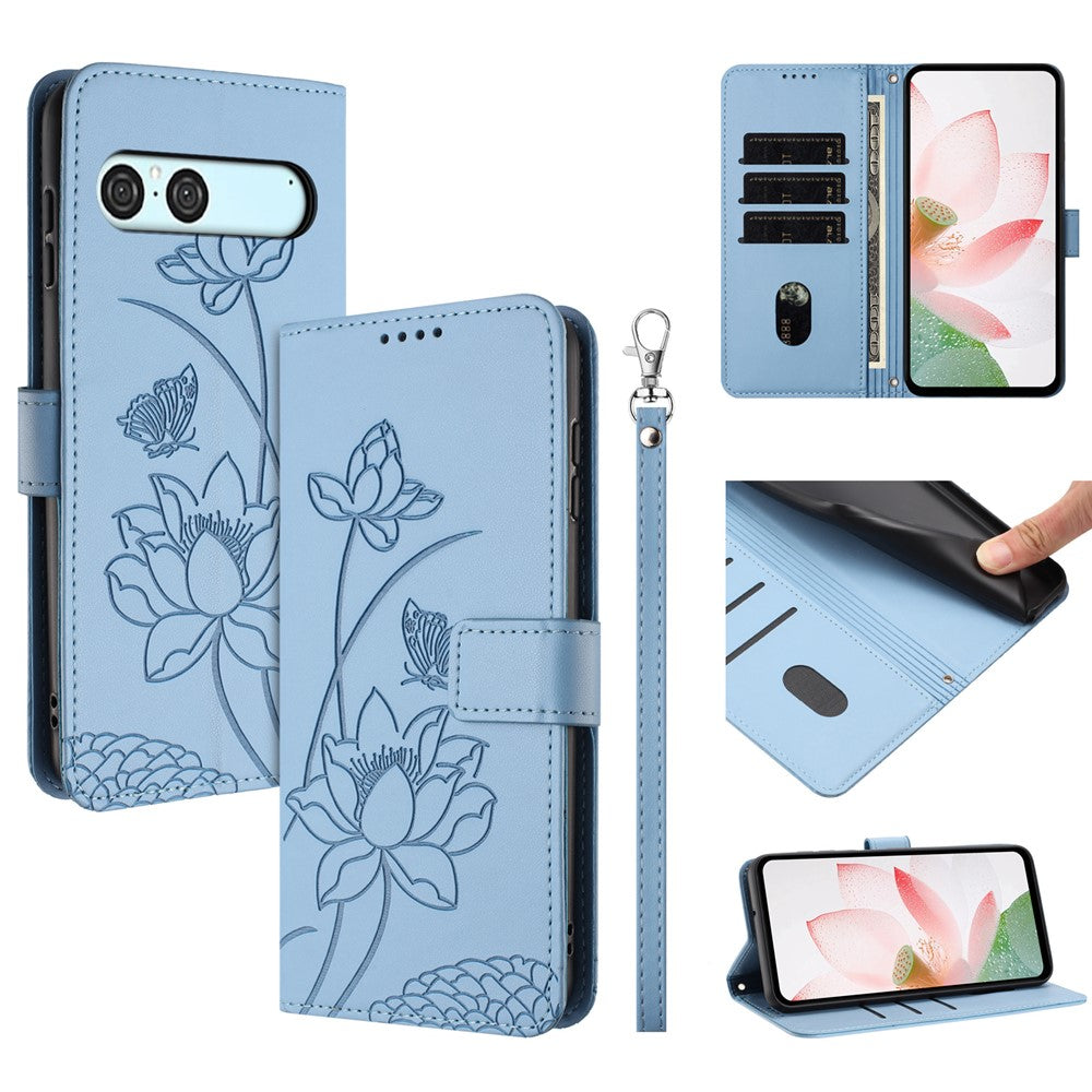 For Sony Xperia 10 VII Case Wallet Stand Lotus Imprint Leather Phone Cover with Wrist Strap