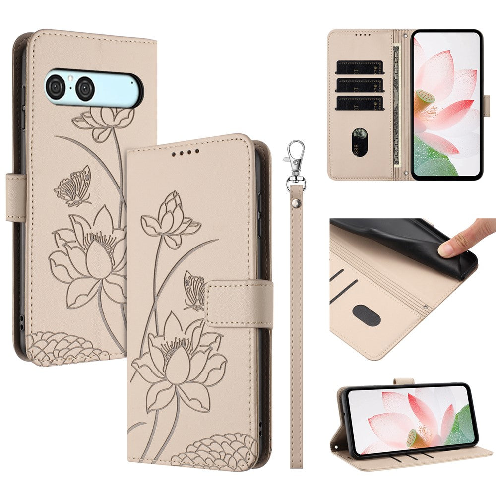 For Sony Xperia 10 VII Case Wallet Stand Lotus Imprint Leather Phone Cover with Wrist Strap