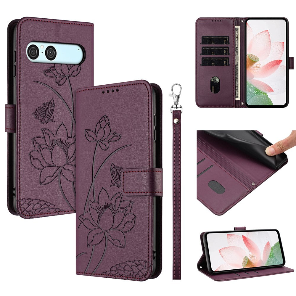 For Sony Xperia 10 VII Case Wallet Stand Lotus Imprint Leather Phone Cover with Wrist Strap