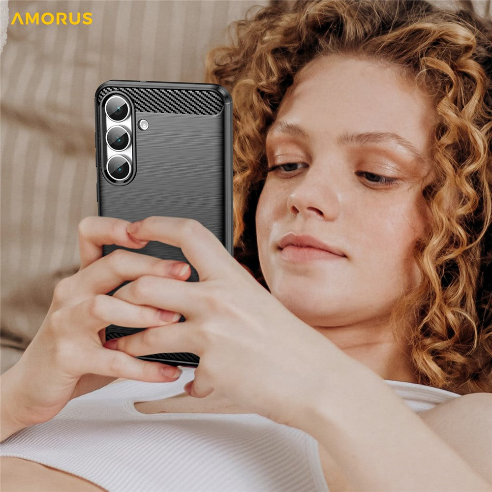 AMORUS For Samsung Galaxy S25 FE Case Carbon Fiber Texture Brushed Protective Phone Cover