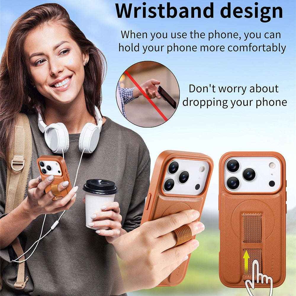 CASENEO For iPhone 17 Pro Max Magnetic Case Wristband PU Leather + PC Shockproof Phone Cover