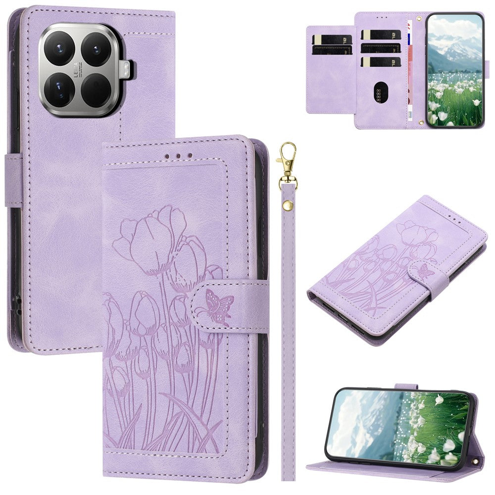 For Xiaomi 15T Pro Case Tulip Leather Phone Cover with 5 Card Slots Wallet