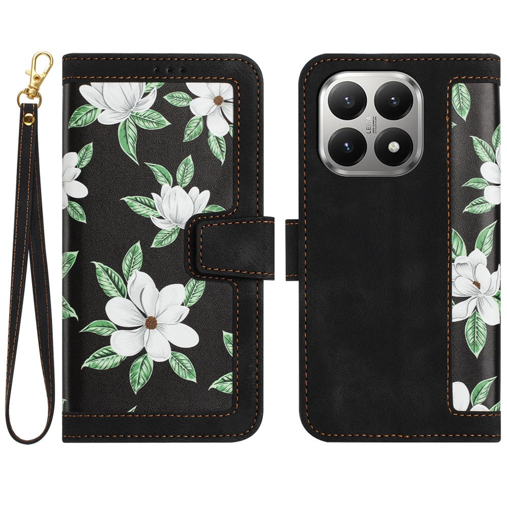 Étui en cuir PU à motif floral pour Xiaomi 15T avec emplacements pour cartes 