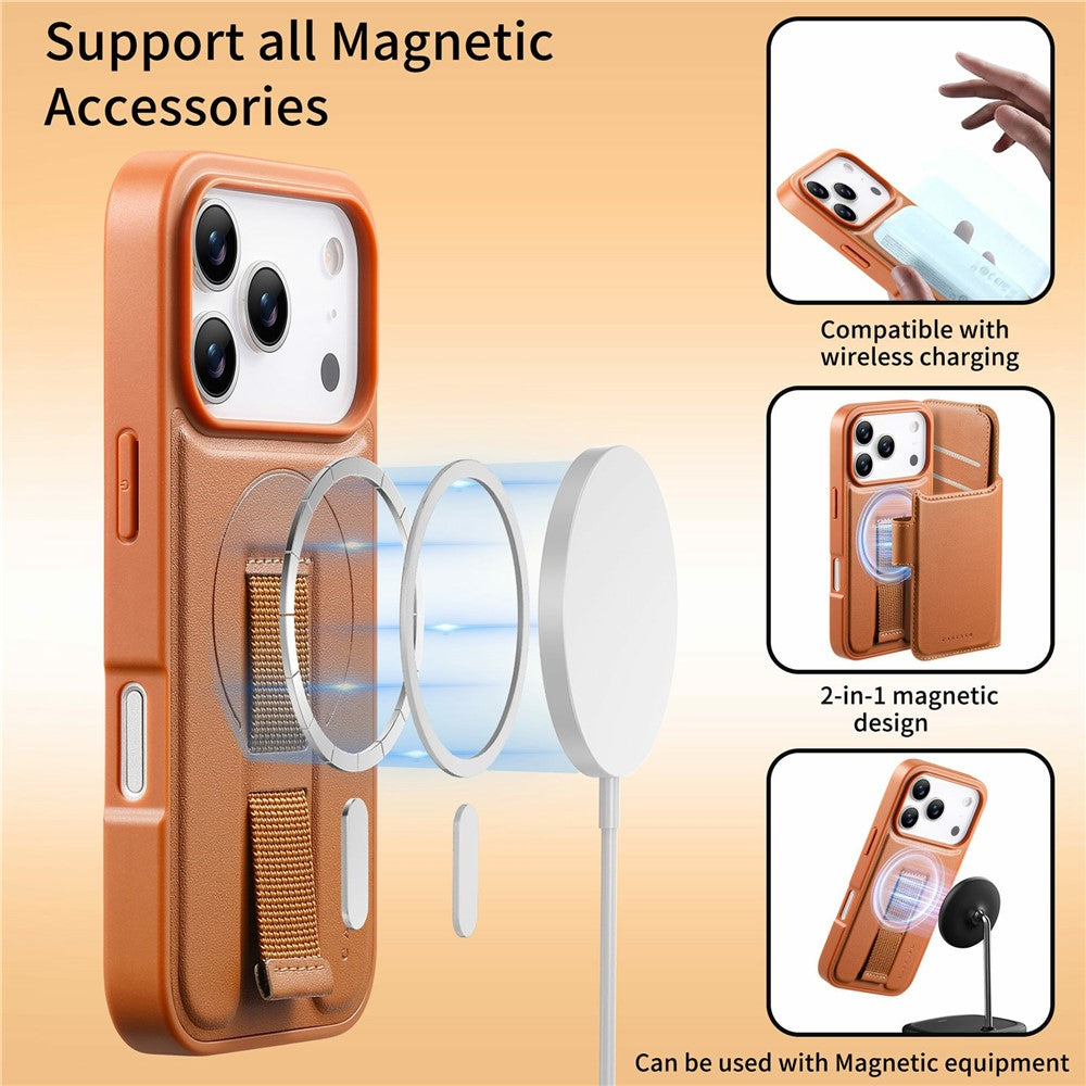 CASENEO For iPhone 17 Pro Magnetic Case RFID Blocking Wallet Detachable Leather Phone Cover with Wristband