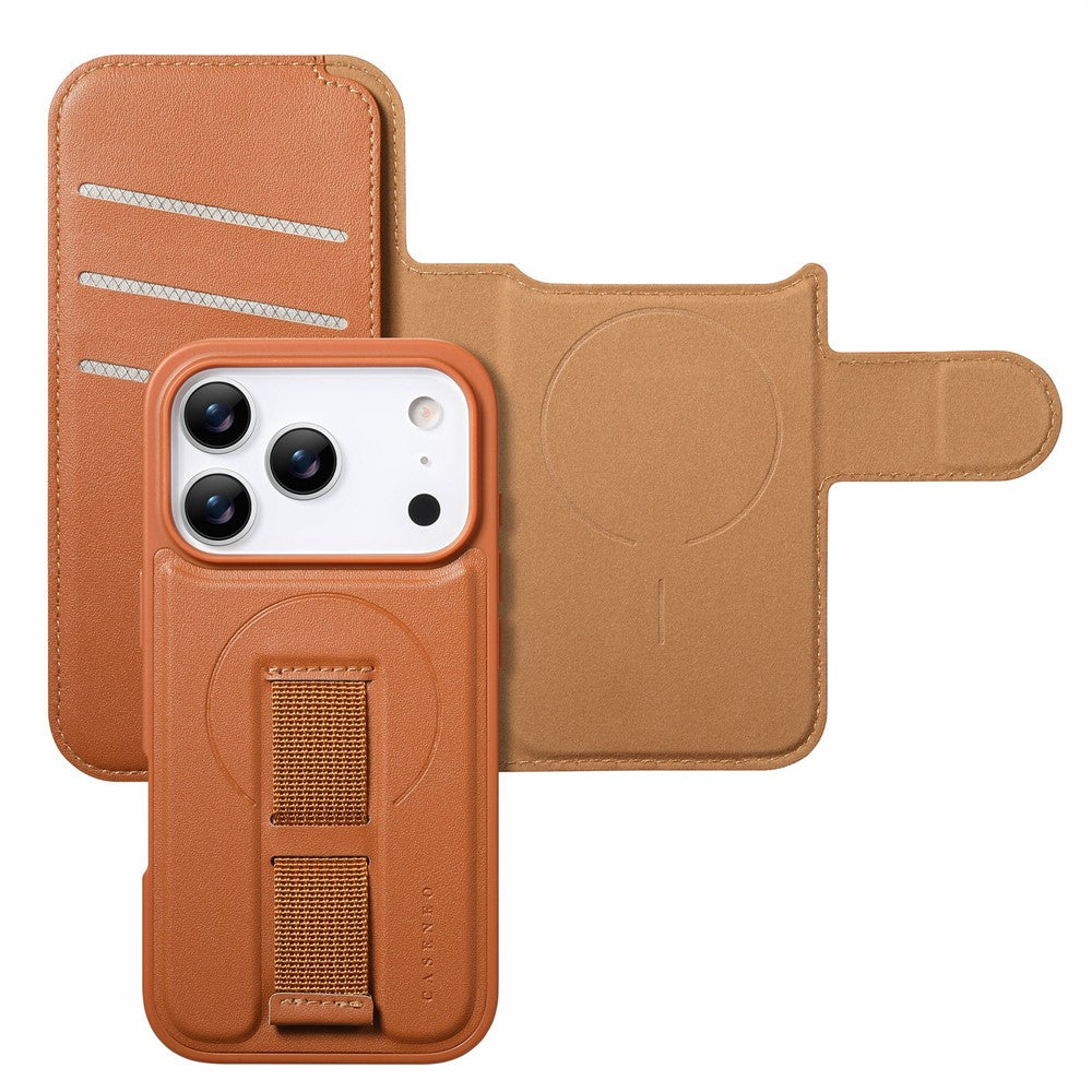 CASENEO For iPhone 17 Pro Magnetic Case RFID Blocking Wallet Detachable Leather Phone Cover with Wristband