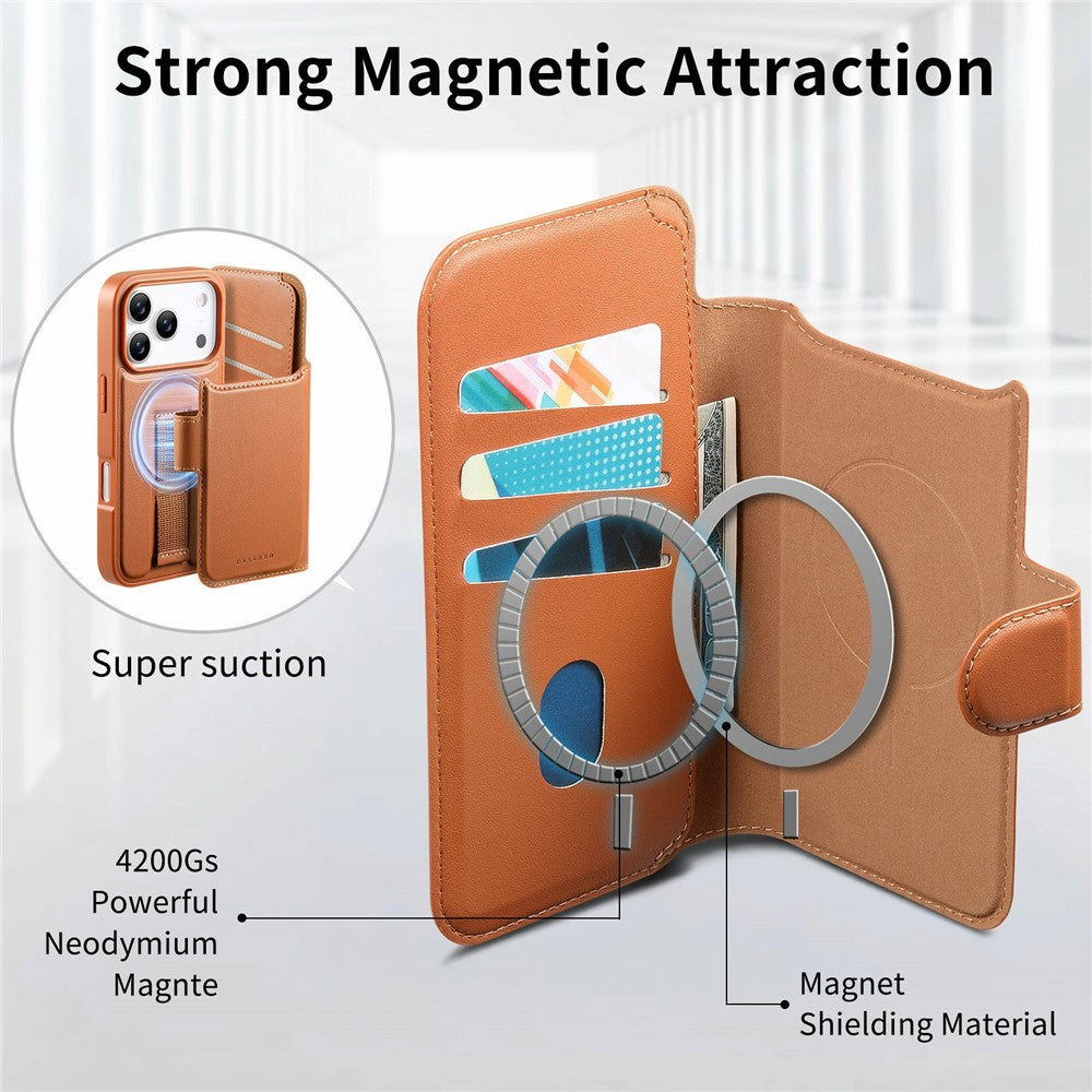 CASENEO For iPhone 17 Pro Magnetic Case RFID Blocking Wallet Detachable Leather Phone Cover with Wristband