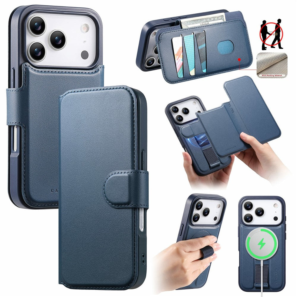 CASENEO For iPhone 17 Pro Magnetic Case RFID Blocking Wallet Detachable Leather Phone Cover with Wristband