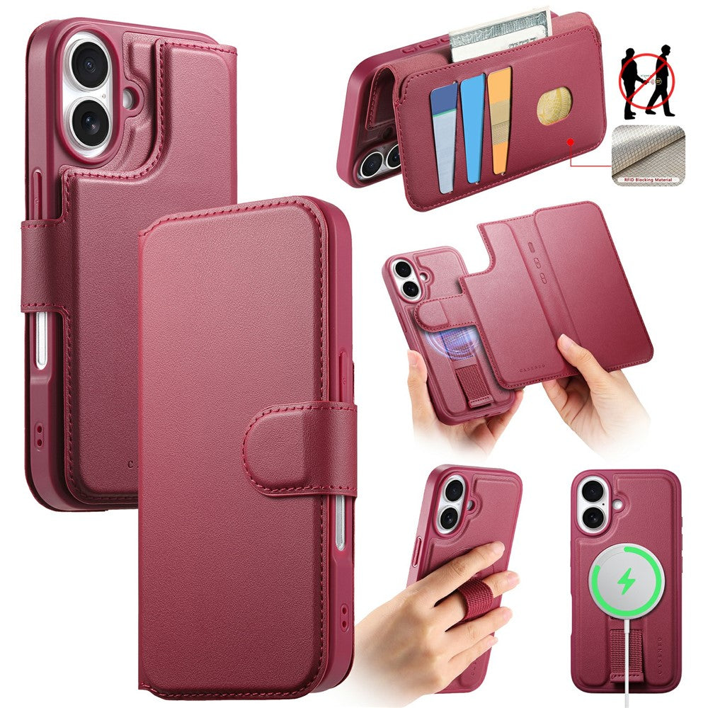 CASENEO For iPhone 17 Magnetic Case RFID Blocking Wallet Detachable Leather Phone Cover with Wristband