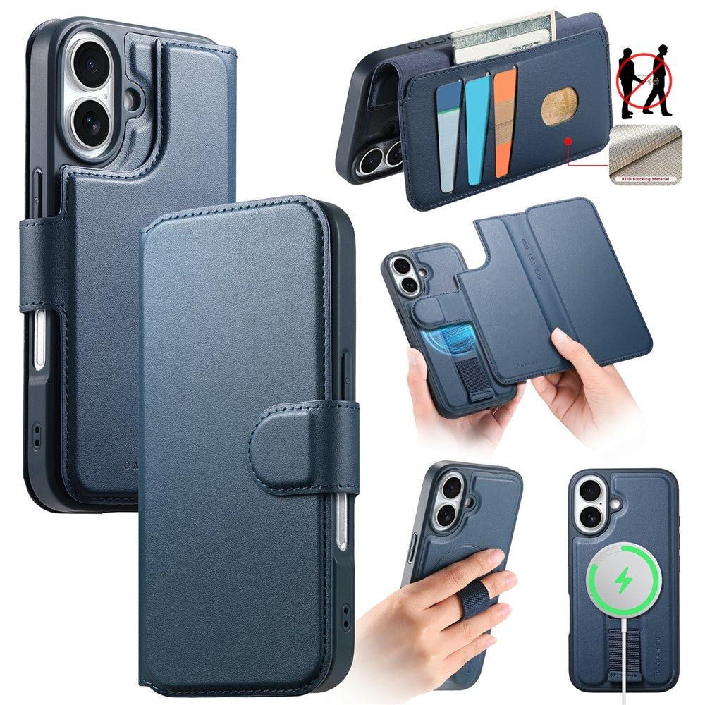 CASENEO For iPhone 17 Magnetic Case RFID Blocking Wallet Detachable Leather Phone Cover with Wristband