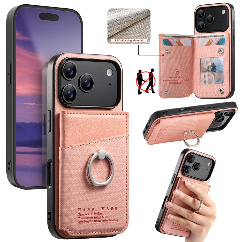For iPhone 17 Pro Max Case with Card Holder Kickstand Leather + TPU + PC Phone Cover