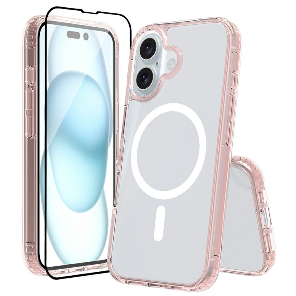 For iPhone 16 Case Compatible with MagSafe PC + TPU Clear Phone Cover with Tempered Glass Screen Protector