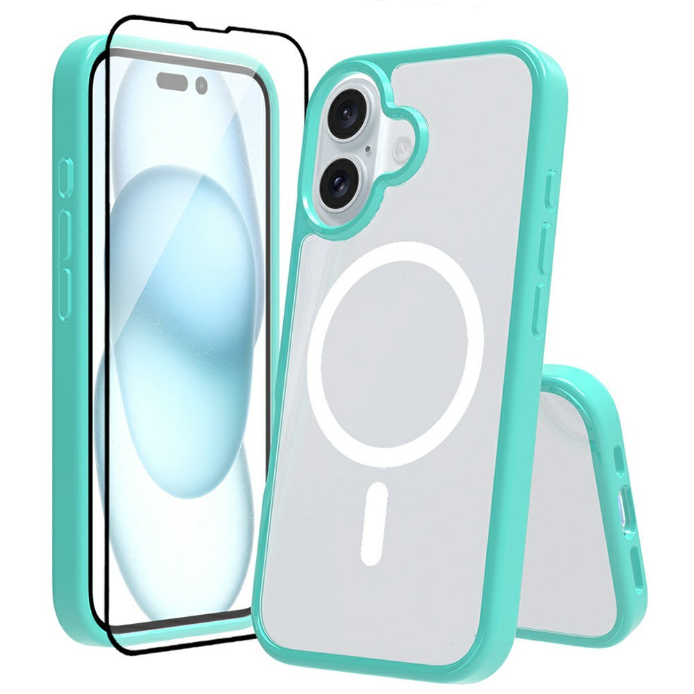 Funda para iPhone 16 compatible con MagSafe, carcasa transparente de PC + TPU con protector de pantalla de vidrio templado