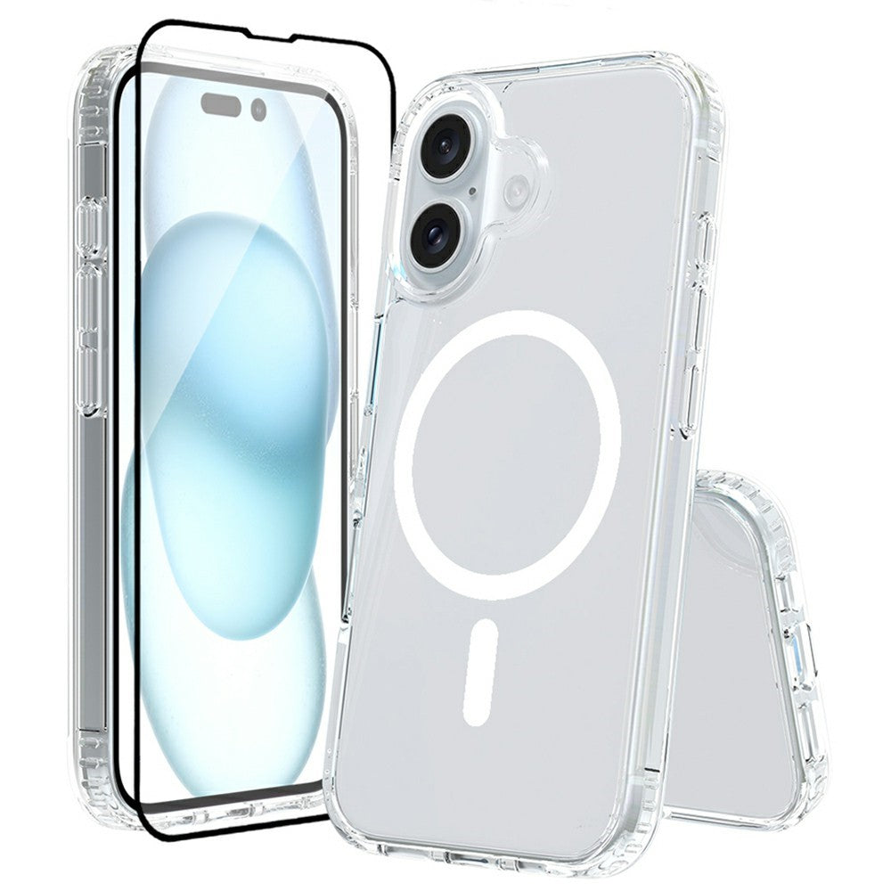 Funda para iPhone 16 compatible con MagSafe, carcasa transparente de PC + TPU con protector de pantalla de vidrio templado