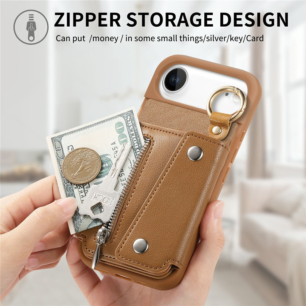 For iPhone Air Case D-Ring Holder Leather + PC + TPU Phone Cover with Wallet Kickstand