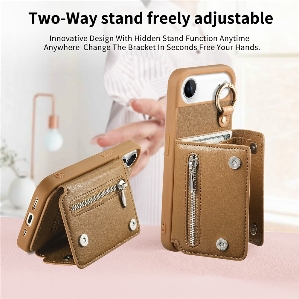 For iPhone Air Case D-Ring Holder Leather + PC + TPU Phone Cover with Wallet Kickstand