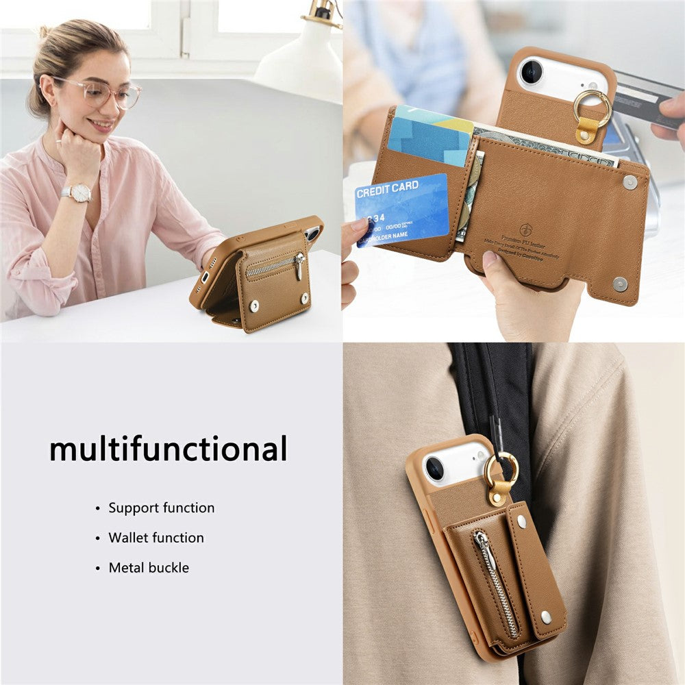 For iPhone Air Case D-Ring Holder Leather + PC + TPU Phone Cover with Wallet Kickstand