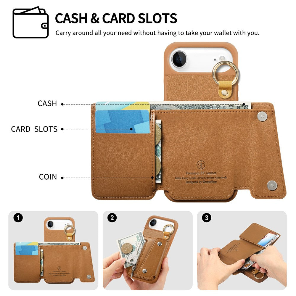 For iPhone Air Case D-Ring Holder Leather + PC + TPU Phone Cover with Wallet Kickstand