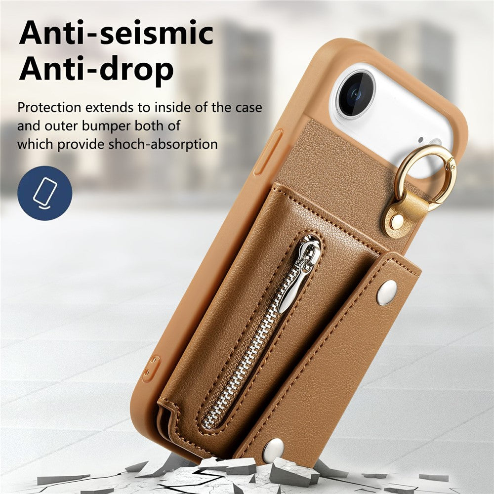 For iPhone Air Case D-Ring Holder Leather + PC + TPU Phone Cover with Wallet Kickstand
