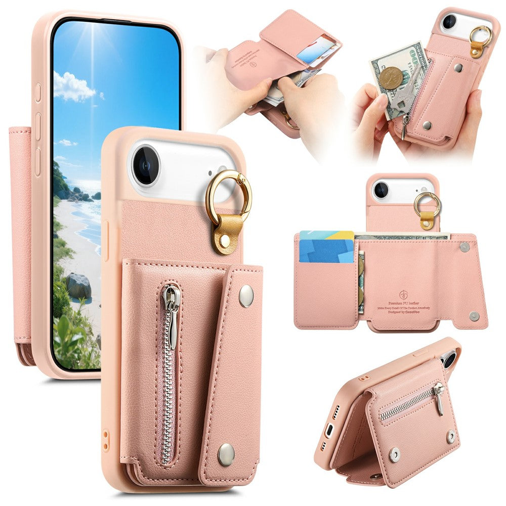 For iPhone Air Case D-Ring Holder Leather + PC + TPU Phone Cover with Wallet Kickstand
