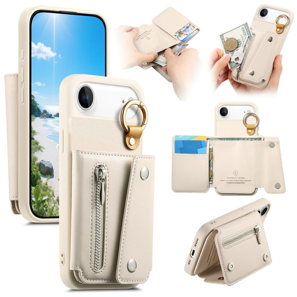 For iPhone Air Case D-Ring Holder Leather + PC + TPU Phone Cover with Wallet Kickstand
