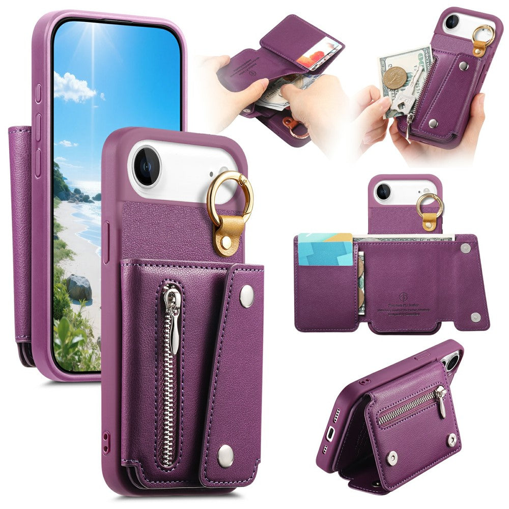 For iPhone Air Case D-Ring Holder Leather + PC + TPU Phone Cover with Wallet Kickstand