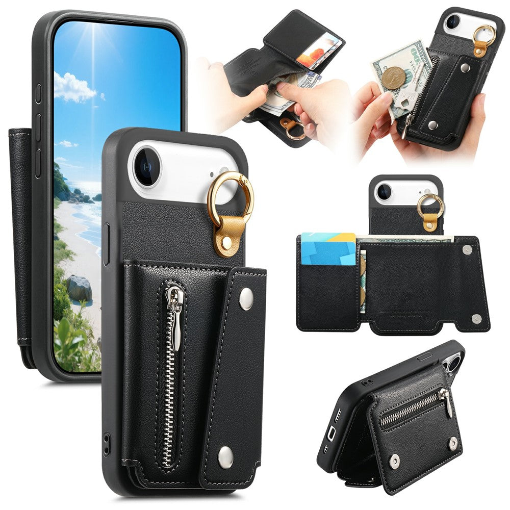 For iPhone Air Case D-Ring Holder Leather + PC + TPU Phone Cover with Wallet Kickstand