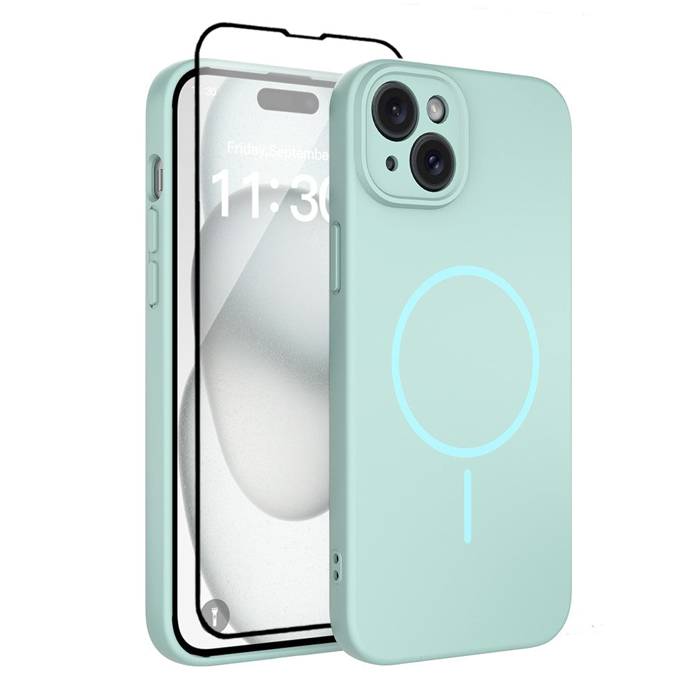 For iPhone 15 Plus Magnetic Case PC + TPU Phone Cover with Tempered Glass Screen Film