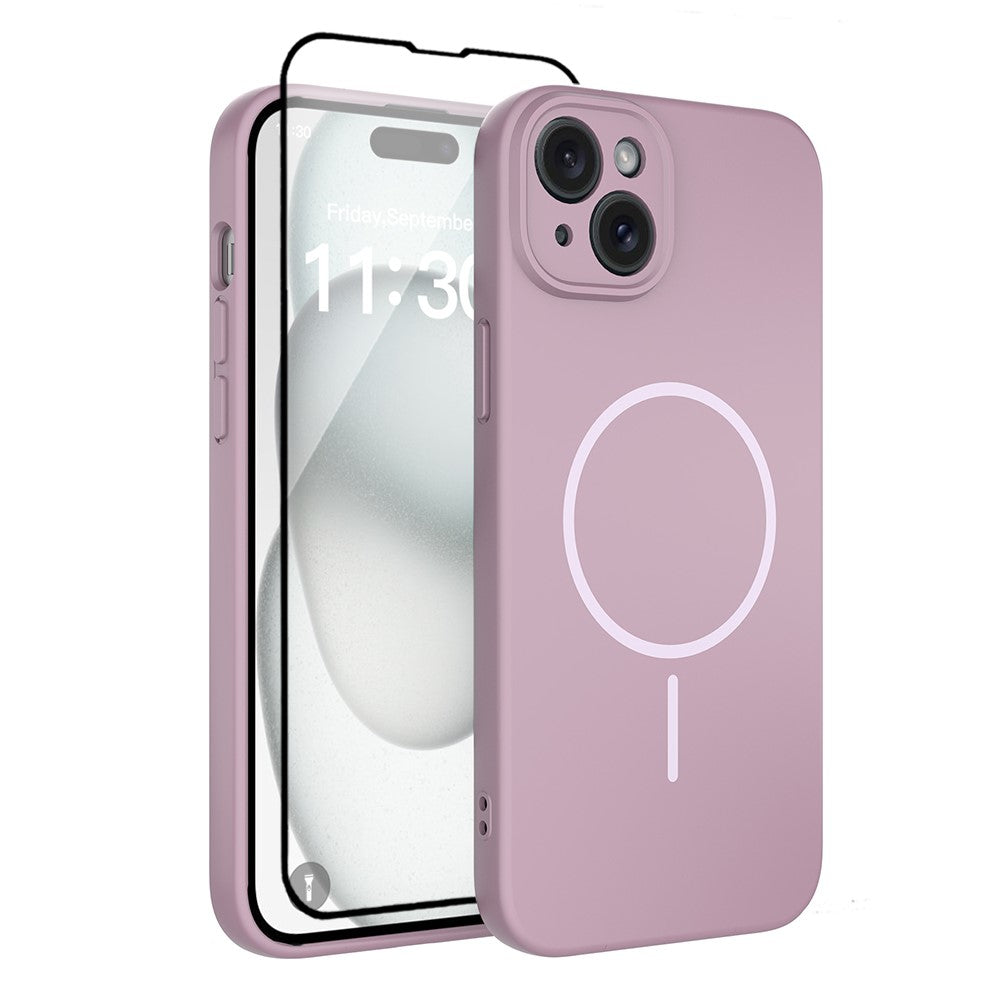 For iPhone 15 Plus Magnetic Case PC + TPU Phone Cover with Tempered Glass Screen Film