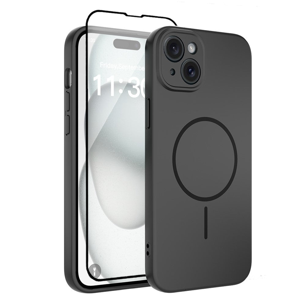 For iPhone 15 Plus Magnetic Case PC + TPU Phone Cover with Tempered Glass Screen Film