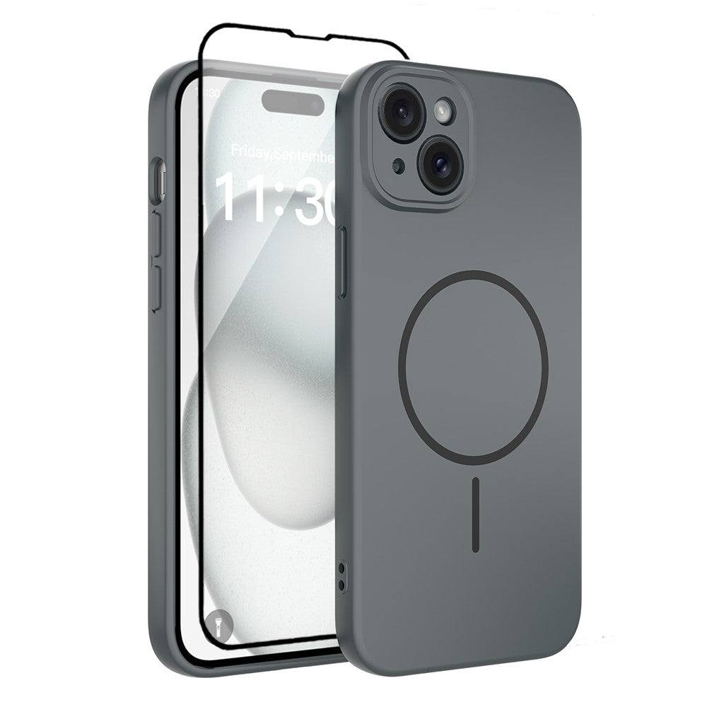 For iPhone 15 Plus Magnetic Case PC + TPU Phone Cover with Tempered Glass Screen Film