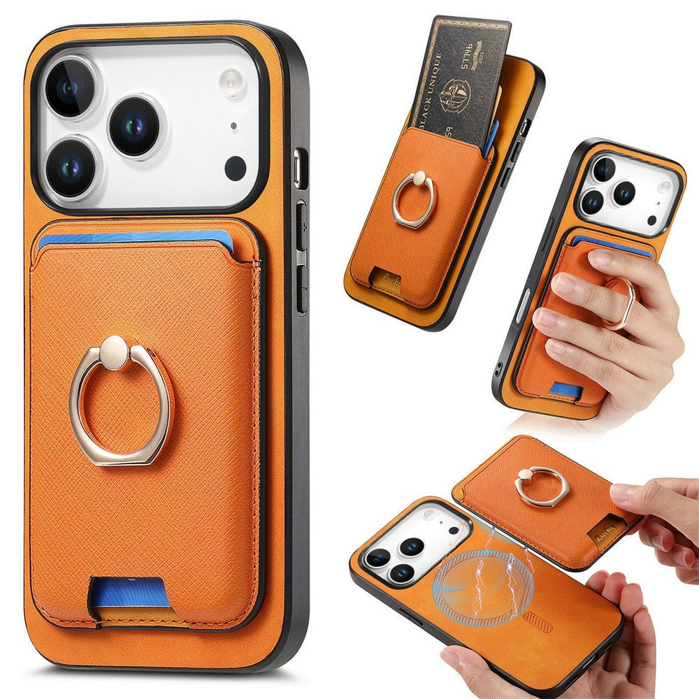 For iPhone 17 Pro Max Magnetic Case Detachable Card Bag Leather Back Cover with Kickstand