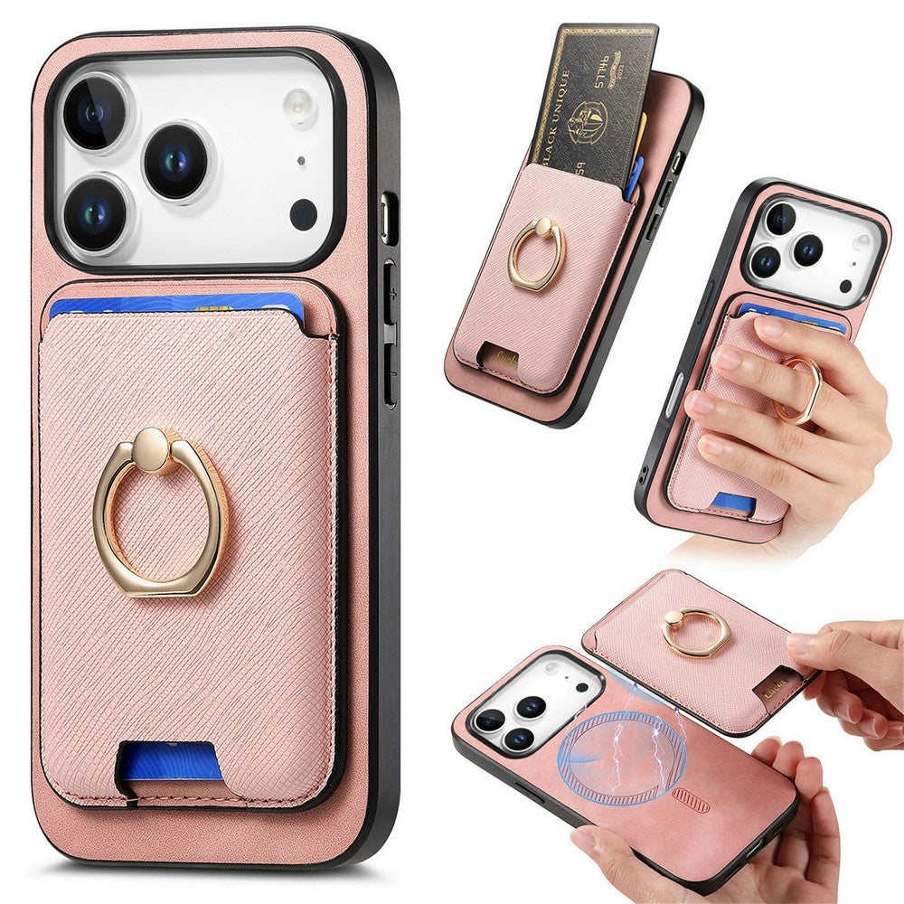 For iPhone 17 Pro Max Magnetic Case Detachable Card Bag Leather Back Cover with Kickstand