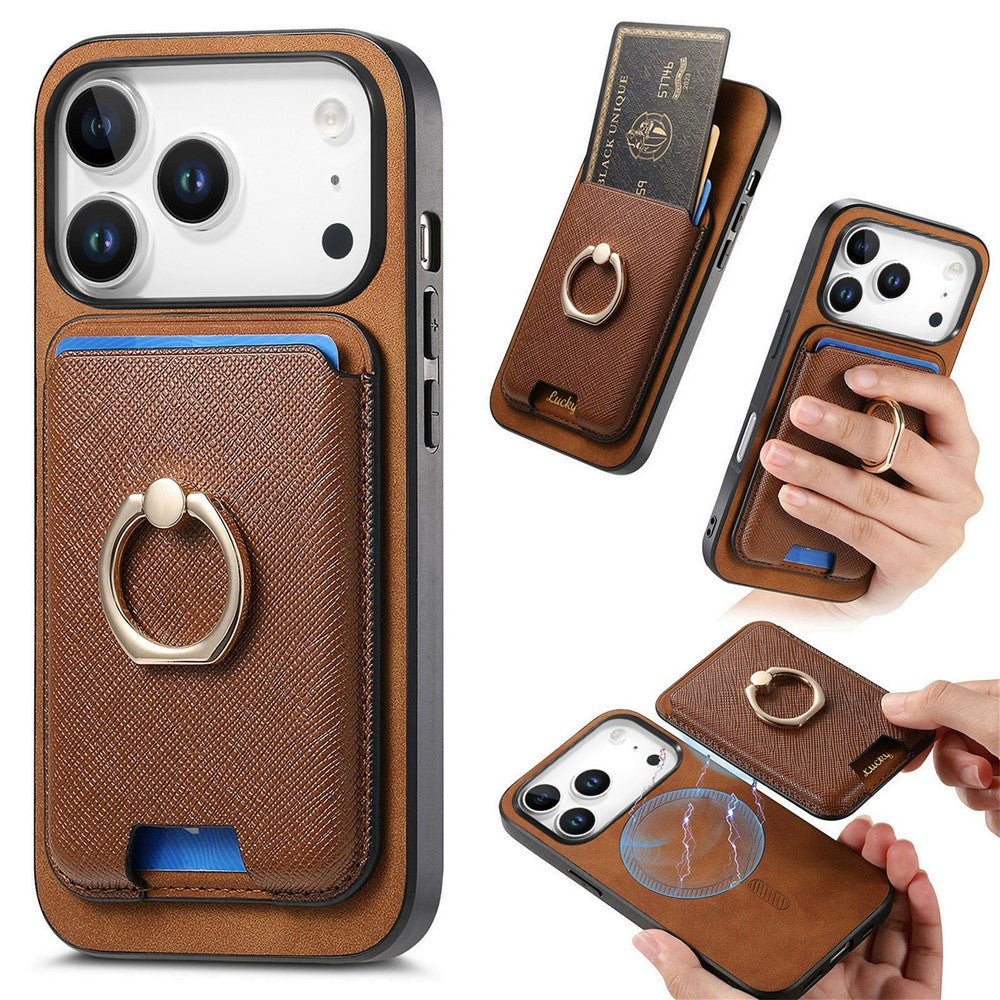 For iPhone 17 Pro Max Magnetic Case Detachable Card Bag Leather Back Cover with Kickstand