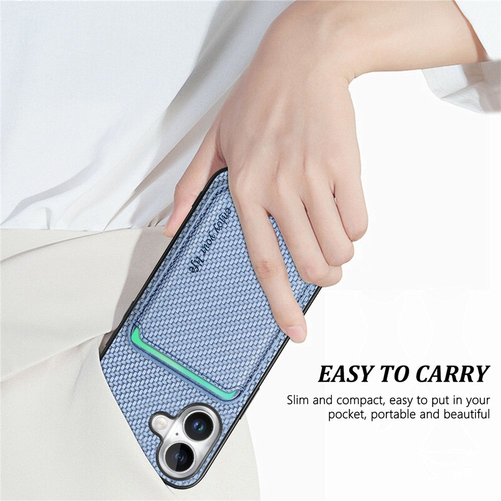 For iPhone 17 Case Carbon Fiber Leather Back Cover with Detachable Card Bag