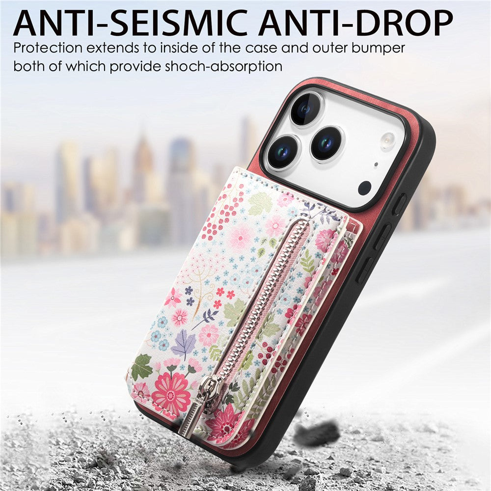 Étui en cuir pour iPhone 17 Pro avec protection RFID, fermeture éclair, porte-cartes et support intégré 