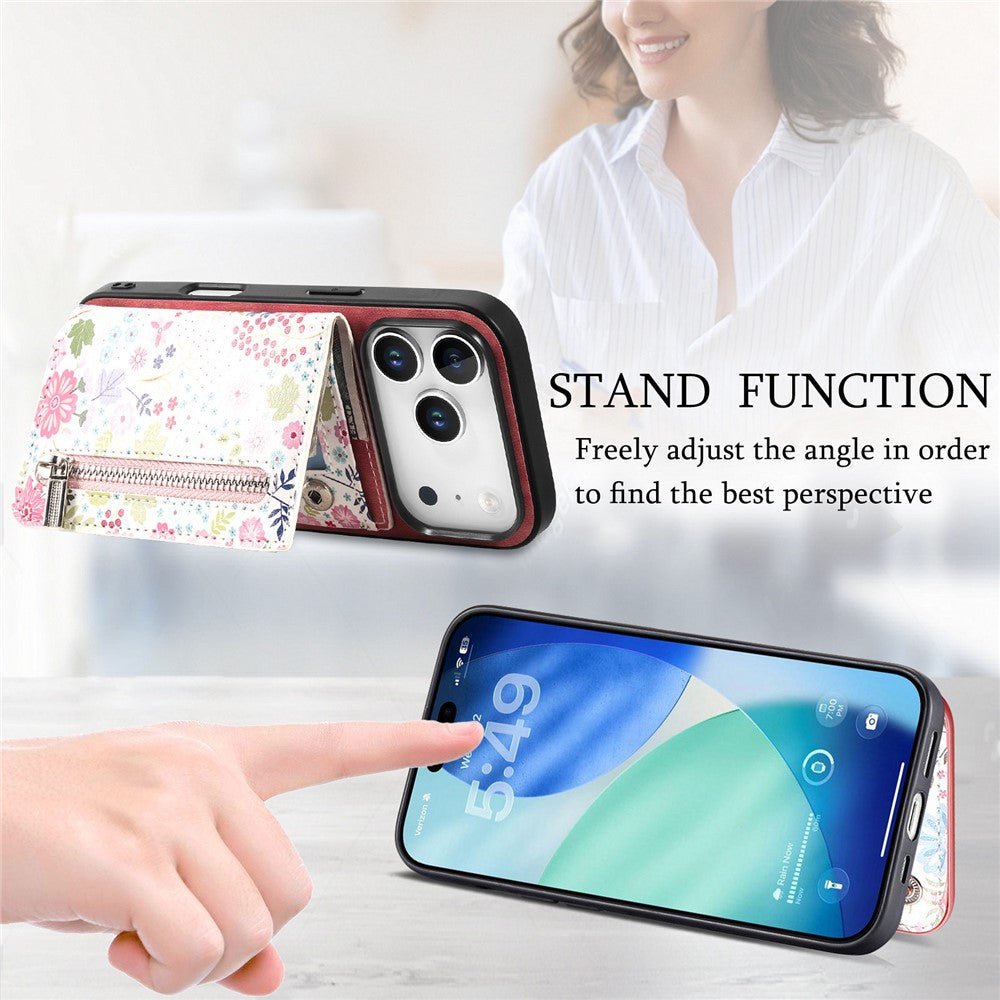 Étui en cuir pour iPhone 17 Pro avec protection RFID, fermeture éclair, porte-cartes et support intégré 