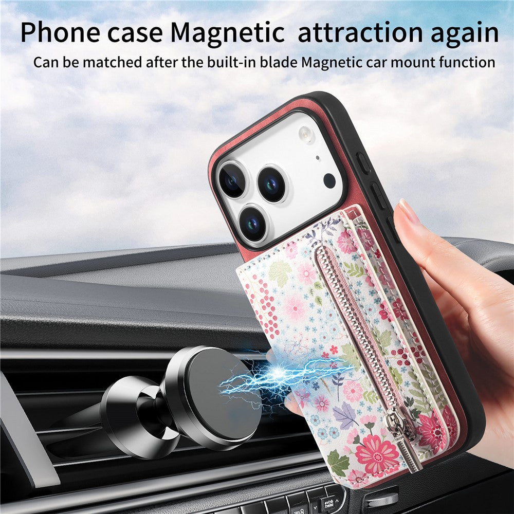 Étui en cuir pour iPhone 17 Pro avec protection RFID, fermeture éclair, porte-cartes et support intégré 