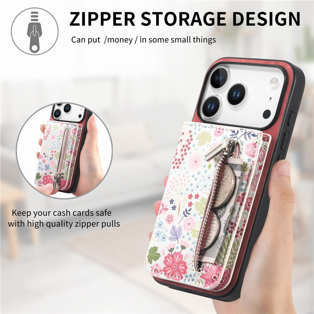 Étui en cuir pour iPhone 17 Pro avec protection RFID, fermeture éclair, porte-cartes et support intégré 