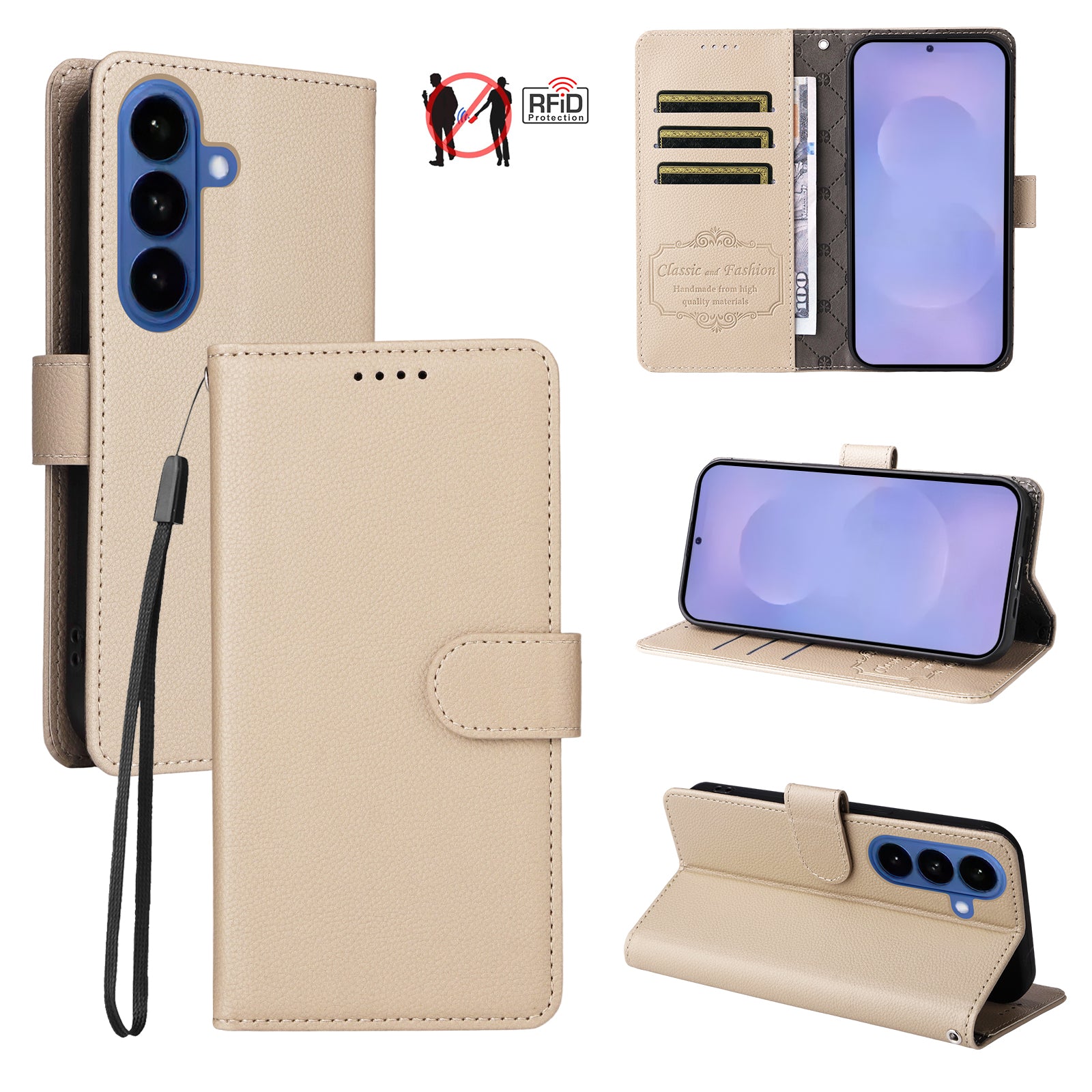 For Samsung Galaxy S26 / S26 Pro Case RFID Blocking 3 Card Slots PU Leather Phone Cover with Wrist Strap