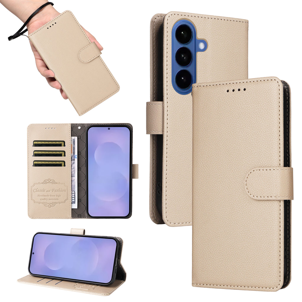 For Samsung Galaxy S26 / S26 Pro Case RFID Blocking 3 Card Slots PU Leather Phone Cover with Wrist Strap
