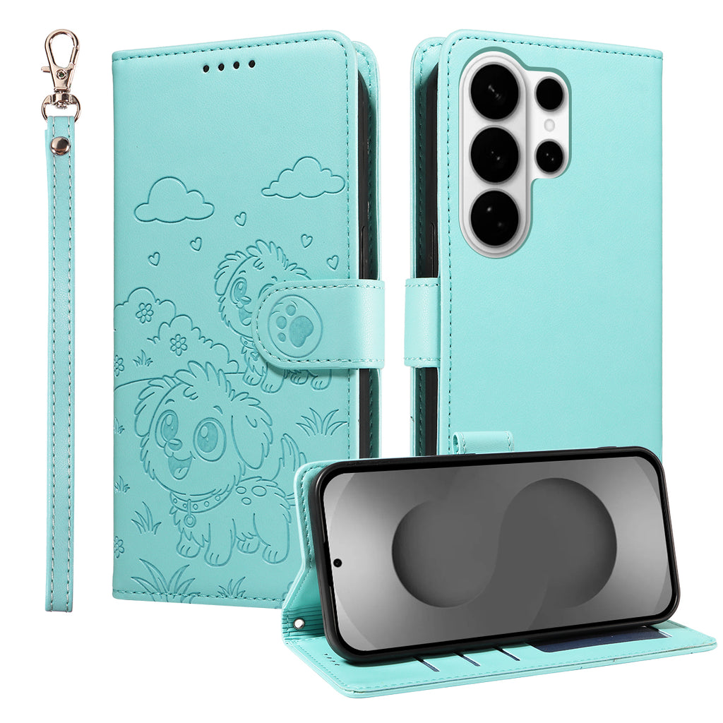 For Samsung Galaxy S26 Ultra Case RFID Blocking Imprinted Dog Pattern PU Leather Phone Cover with Wrist Strap