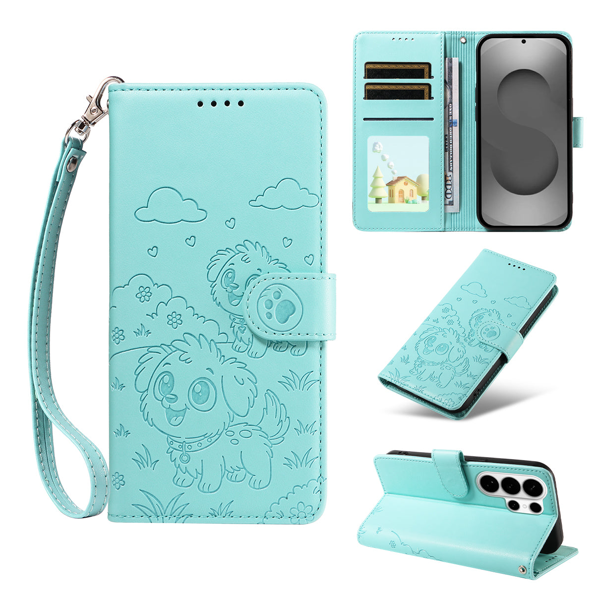 For Samsung Galaxy S26 Ultra Case RFID Blocking Imprinted Dog Pattern PU Leather Phone Cover with Wrist Strap