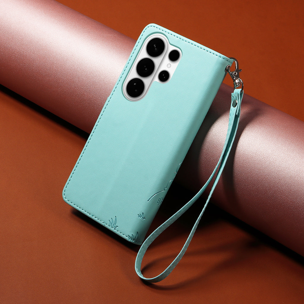 For Samsung Galaxy S26 Ultra Case RFID Blocking Imprinted Dog Pattern PU Leather Phone Cover with Wrist Strap